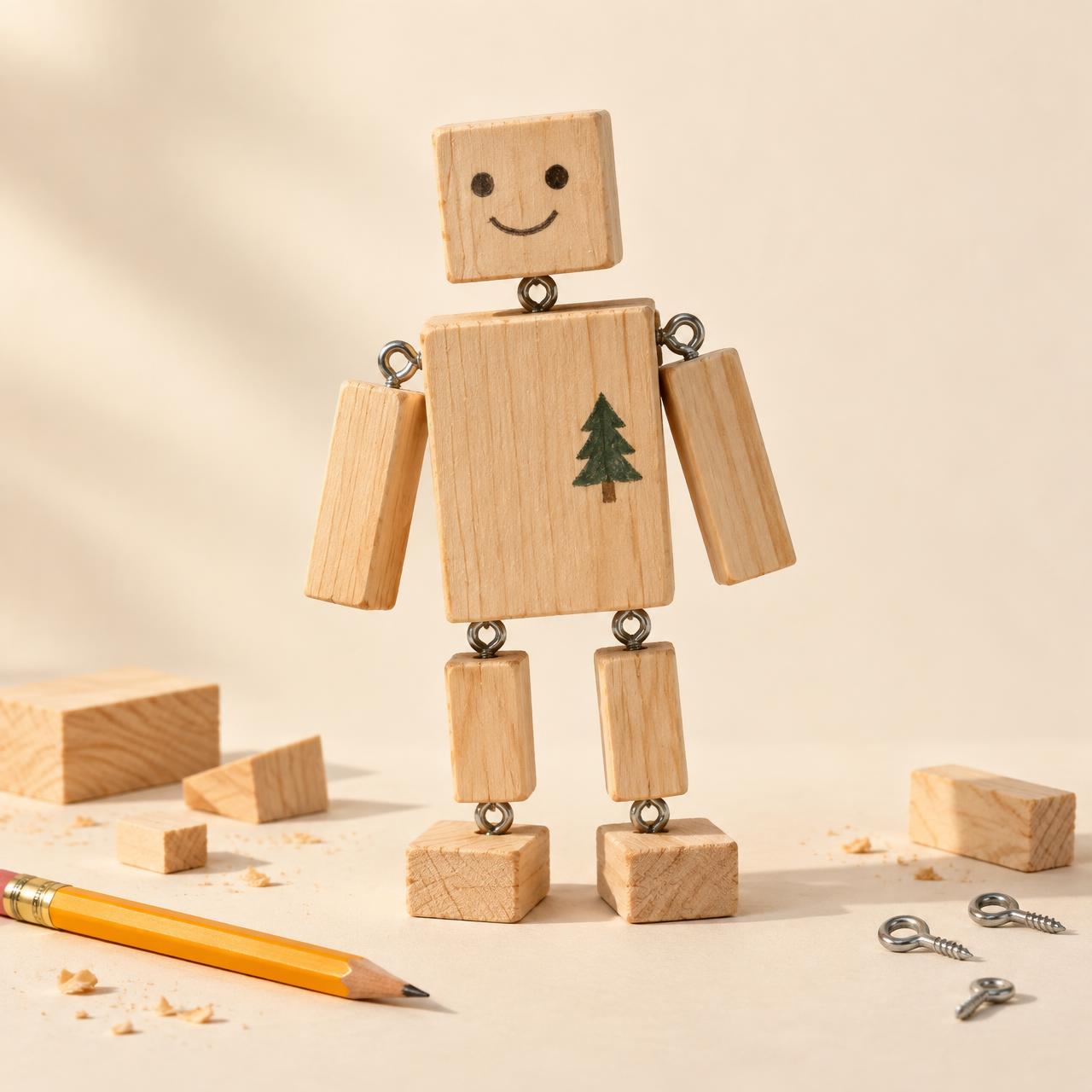 Simple wooden block robot with visible screw-eye joints and a pencil-drawn smile